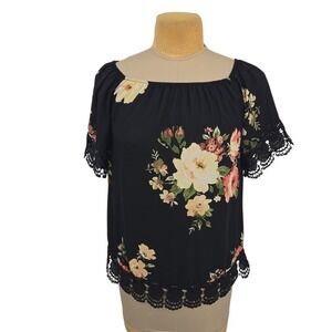 Haute Project Floral Lace Trim Top Women Size S Black Short Sleeve Boho Blouse